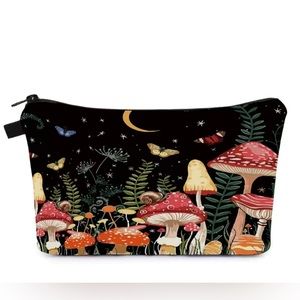 Cosmetic Makeup Portable Rounded Case Bag Pouch Mushroom Butterfly Night (Black)